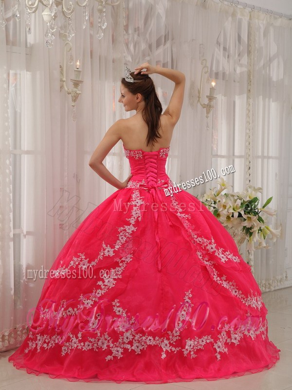Exquisite Sweetheart organza Coral Red Quinceanera Dress with White Appliques