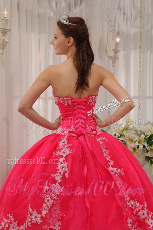 Exquisite Sweetheart organza Coral Red Quinceanera Dress with White Appliques