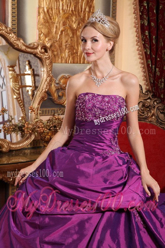 Vintage Eggplant Purple Strapless Taffeta Beaded dresses for a quinceanera