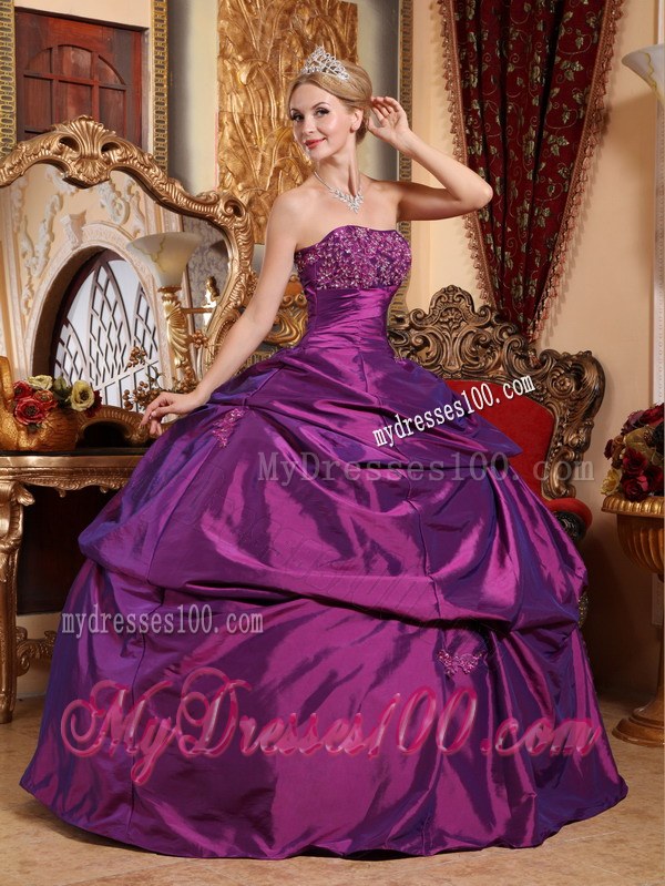 Vintage Eggplant Purple Strapless Taffeta Beaded dresses for a quinceanera