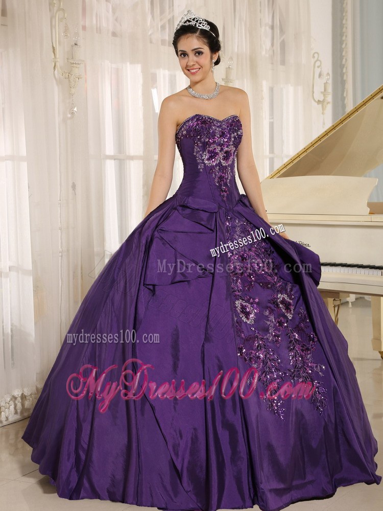Affordable Long Dark Purple Sweetheart Beaded Quinceanera Gown