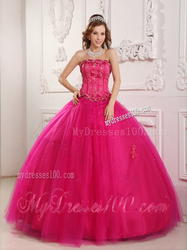 Elegant Ball Gown Strapless Beaded Hot Pink Quinceanera Dress