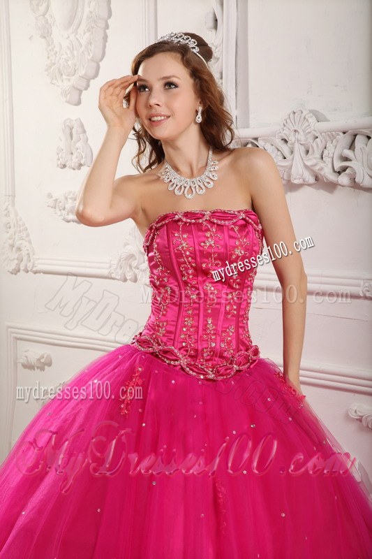 Elegant Ball Gown Strapless Beaded Hot Pink Quinceanera Dress