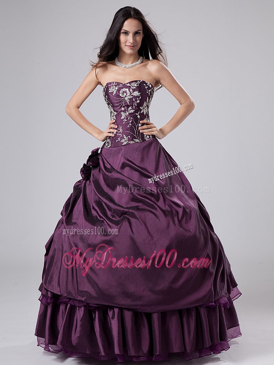 Embroidery Purple Strapless Lace-up Back Quinceanera Gown