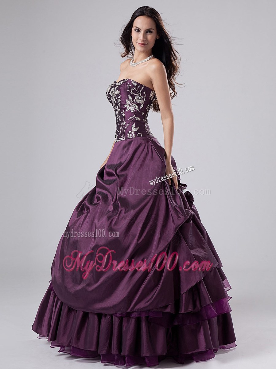 Embroidery Purple Strapless Lace-up Back Quinceanera Gown