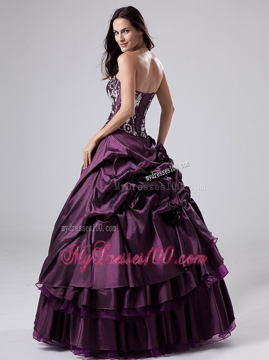 Embroidery Purple Strapless Lace-up Back Quinceanera Gown