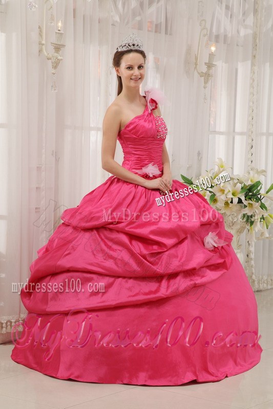 Hot Pink One Shoulder Floor-length Beading Flowery Sweet 15 Dresses