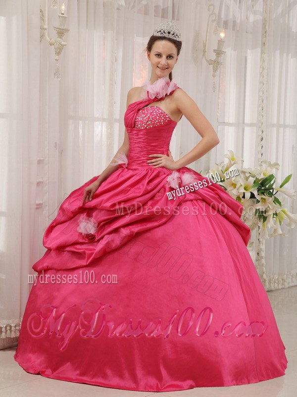 Hot Pink One Shoulder Floor-length Beading Flowery Sweet 15 Dresses