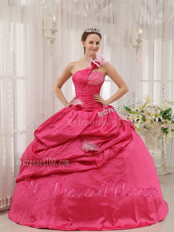 Hot Pink One Shoulder Floor-length Beading Flowery Sweet 15 Dresses
