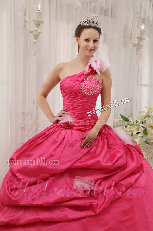 Hot Pink One Shoulder Floor-length Beading Flowery Sweet 15 Dresses