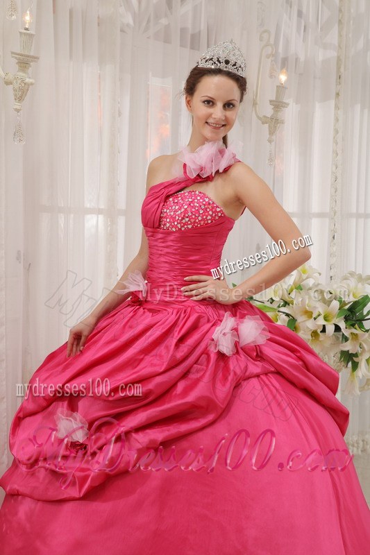 Hot Pink One Shoulder Floor-length Beading Flowery Sweet 15 Dresses