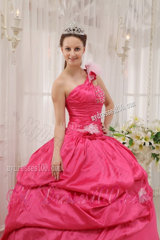 Hot Pink One Shoulder Floor-length Beading Flowery Sweet 15 Dresses