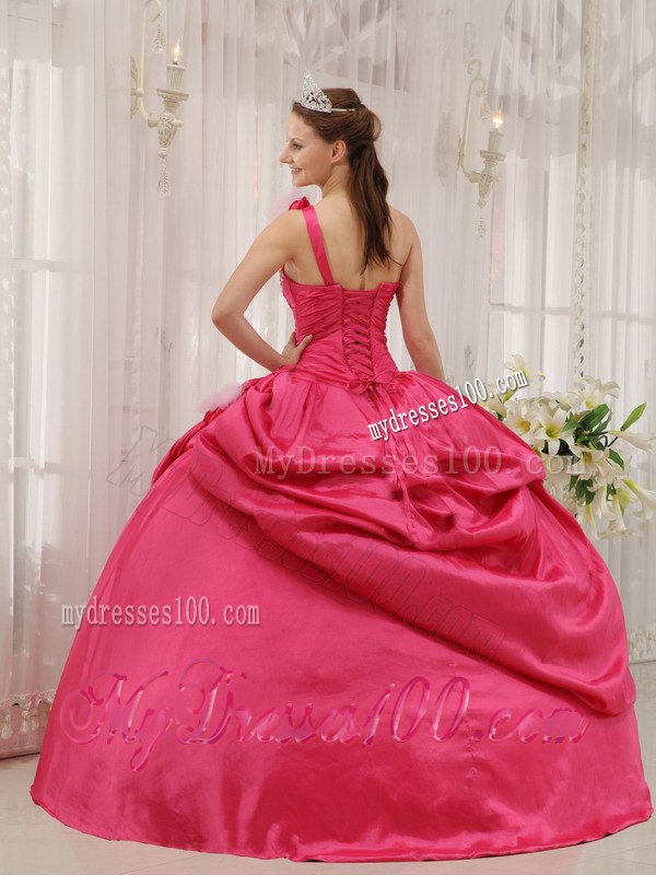 Hot Pink One Shoulder Floor-length Beading Flowery Sweet 15 Dresses
