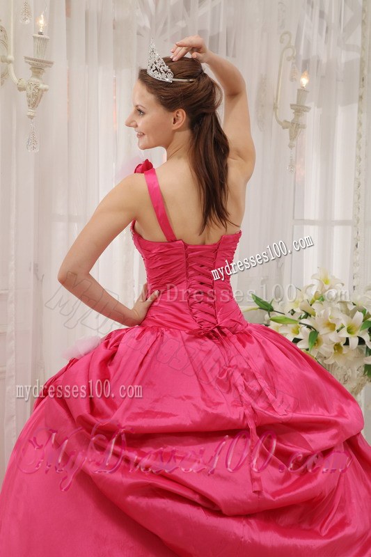 Hot Pink One Shoulder Floor-length Beading Flowery Sweet 15 Dresses