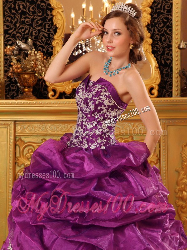 2013 Fuchsia Strapless Organza with Appliques Quinceanera Dress