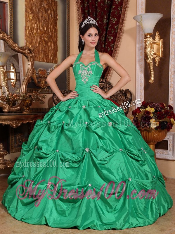 Hot Green Taffeta Appliques and Pick-ups Halter Top Quinceneara Dresses