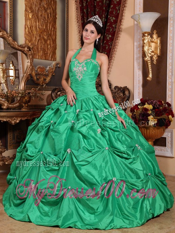 Hot Green Taffeta Appliques and Pick-ups Halter Top Quinceneara Dresses