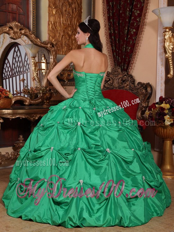 Hot Green Taffeta Appliques and Pick-ups Halter Top Quinceneara Dresses