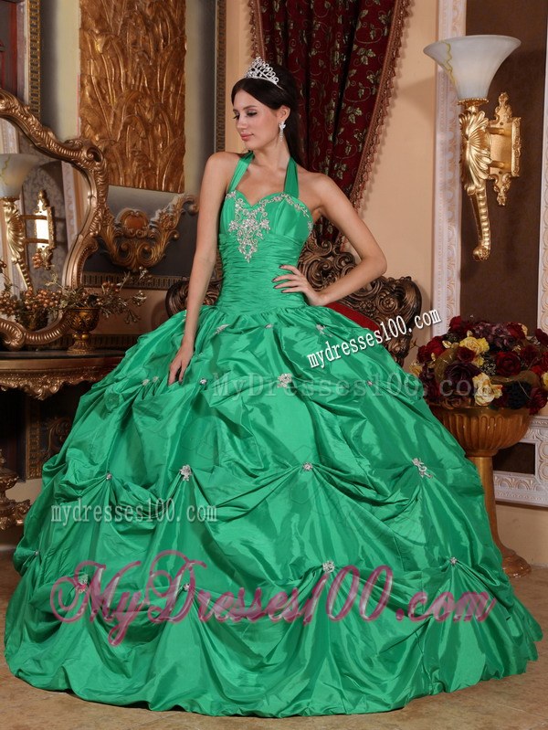 Hot Green Taffeta Appliques and Pick-ups Halter Top Quinceneara Dresses