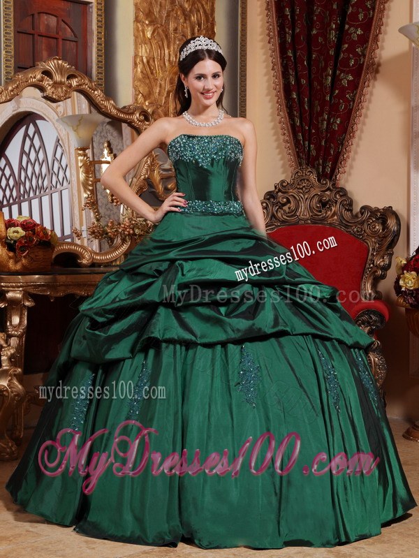 Pretty Strapless Taffeta Beading and Appliques Hunter Green Quince Dress