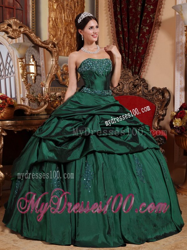 Pretty Strapless Taffeta Beading and Appliques Hunter Green Quince Dress