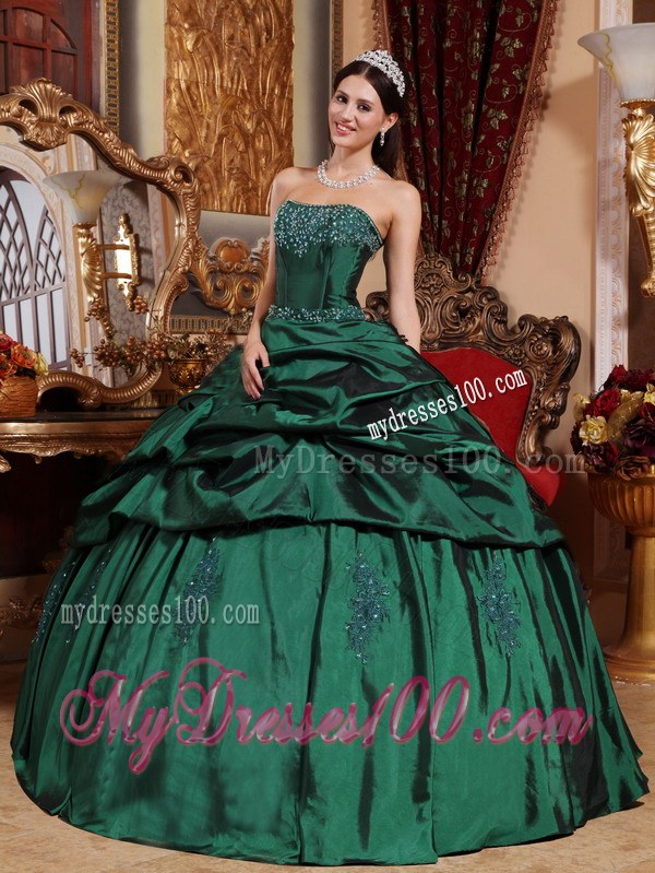 Pretty Strapless Taffeta Beading and Appliques Hunter Green Quince Dress