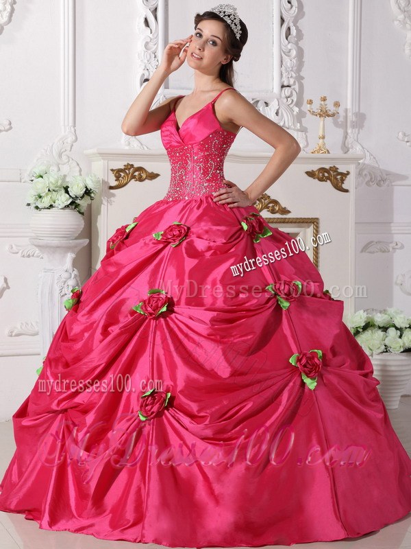 Beading Decorate Waist Flowery Quinceanera Dress in Hot Pink