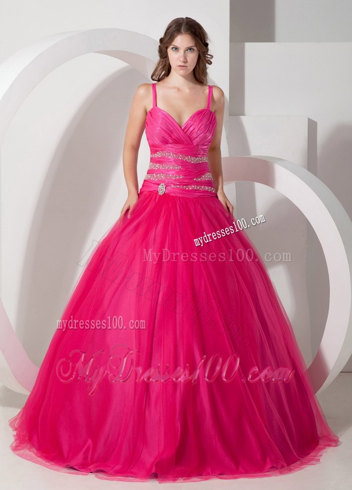 Hot Pink Spaghetti Straps Floor-length Beaded Sweet 15 Dresses