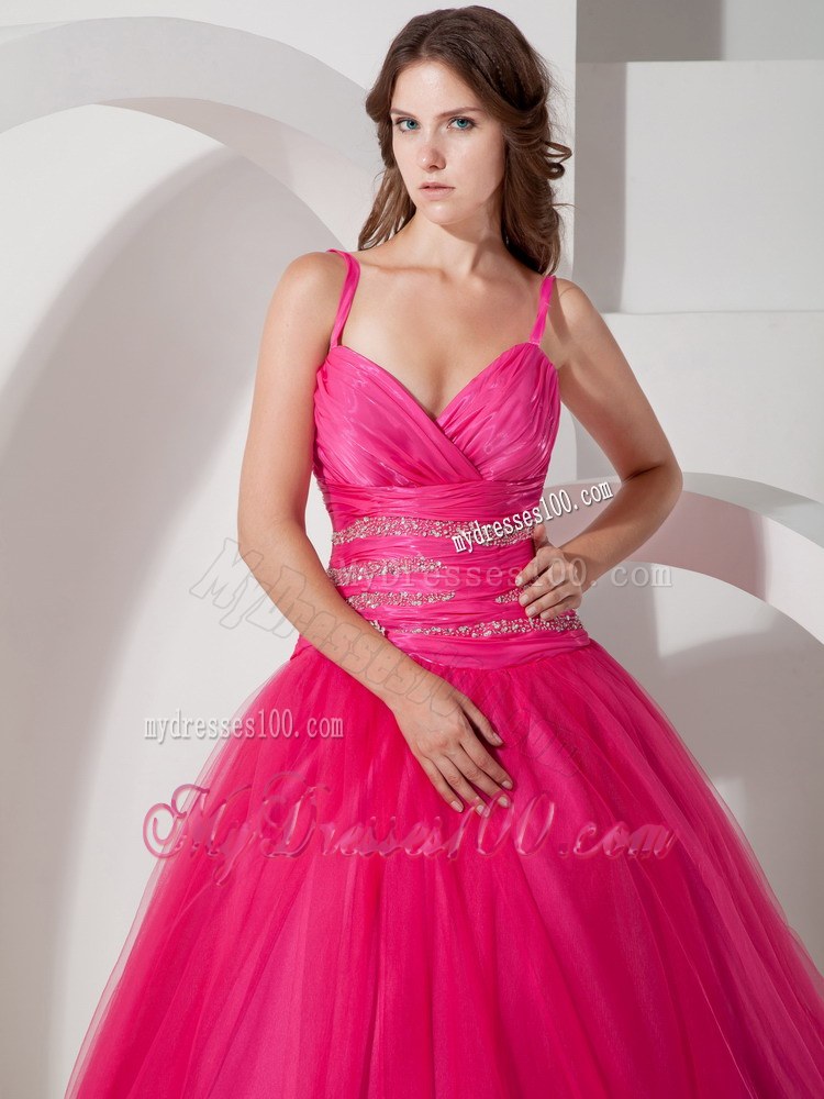 Hot Pink Spaghetti Straps Floor-length Beaded Sweet 15 Dresses
