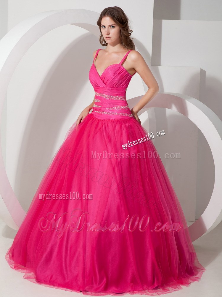 Hot Pink Spaghetti Straps Floor-length Beaded Sweet 15 Dresses