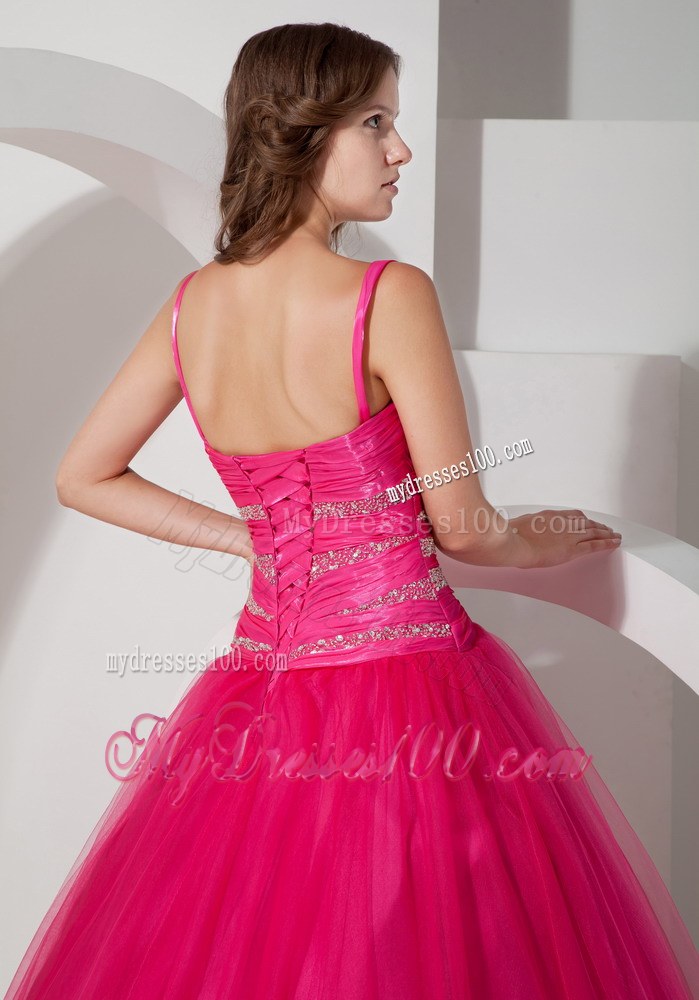 Hot Pink Spaghetti Straps Floor-length Beaded Sweet 15 Dresses