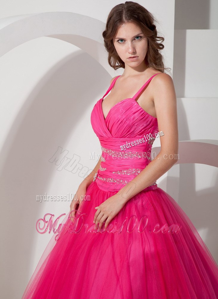 Hot Pink Spaghetti Straps Floor-length Beaded Sweet 15 Dresses