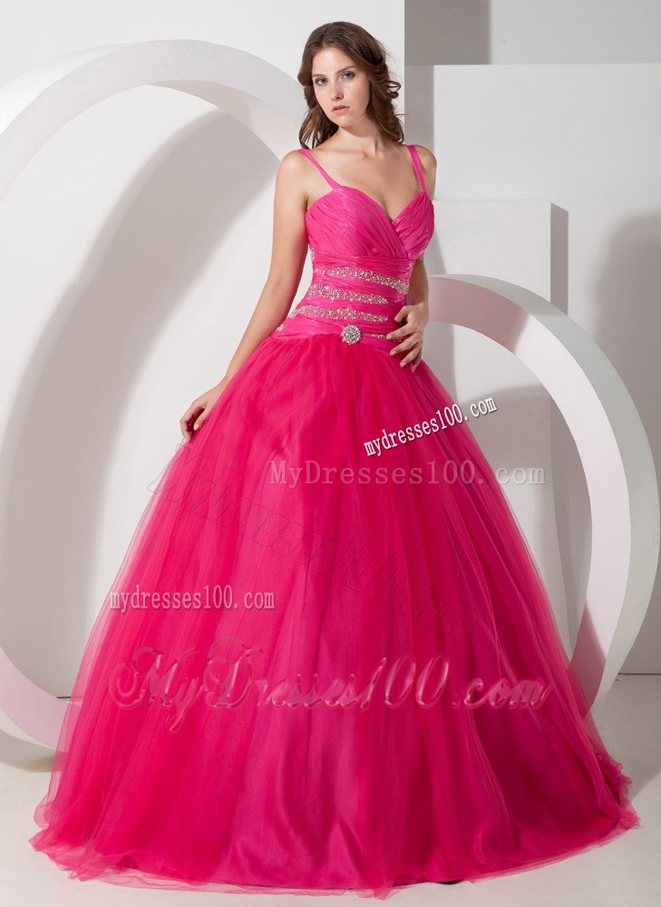 Hot Pink Spaghetti Straps Floor-length Beaded Sweet 15 Dresses