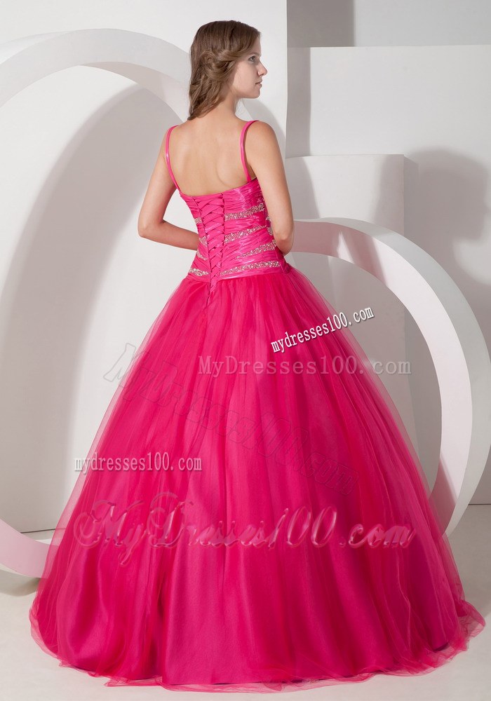 Hot Pink Spaghetti Straps Floor-length Beaded Sweet 15 Dresses