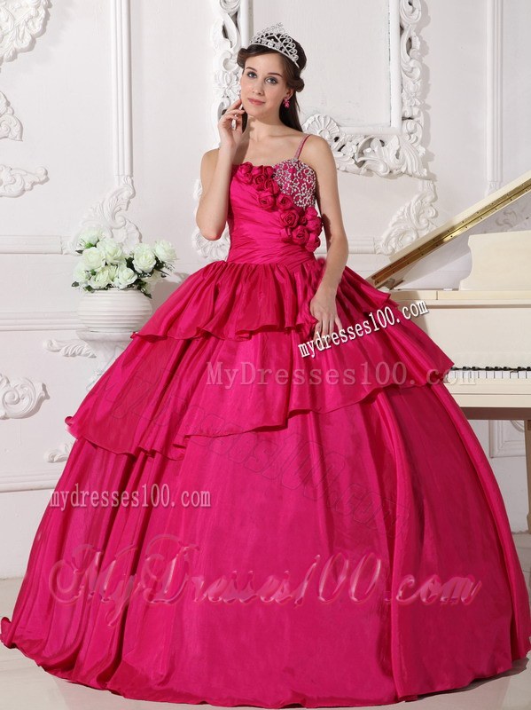 Hot Pink Floor-length Taffeta Beading Spaghetti Straps Quinceanera Dress