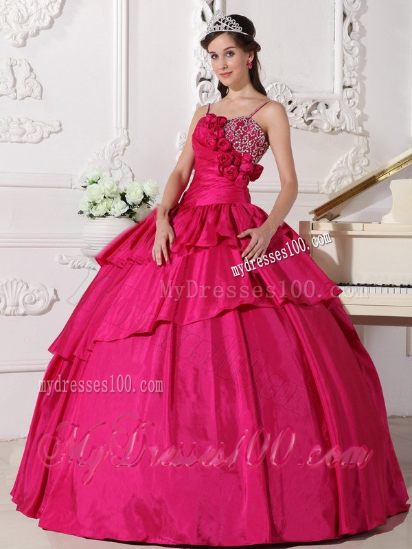 Hot Pink Floor-length Taffeta Beading Spaghetti Straps Quinceanera Dress
