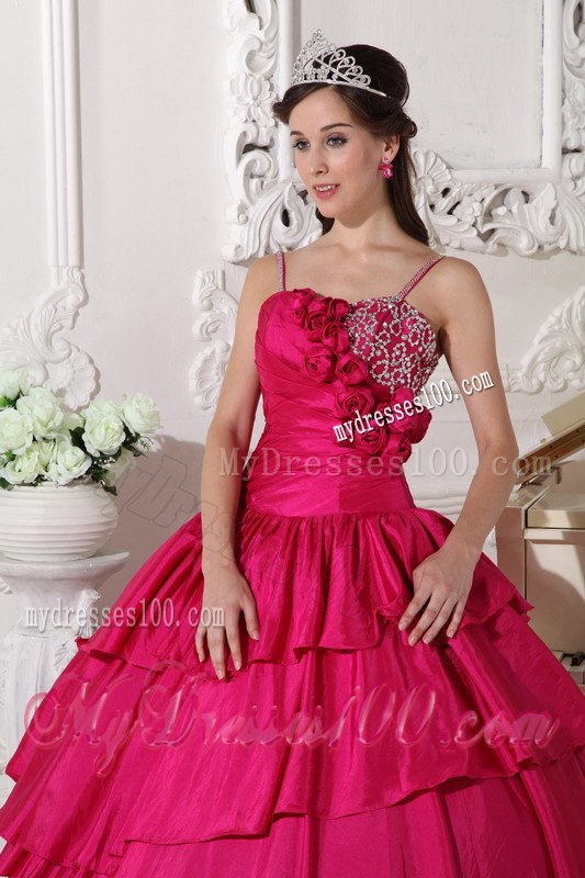 Hot Pink Floor-length Taffeta Beading Spaghetti Straps Quinceanera Dress