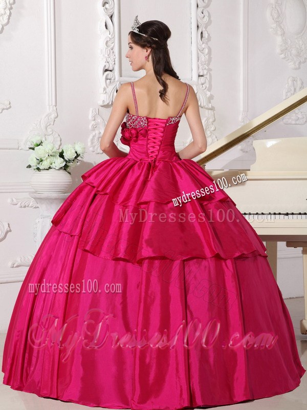 Hot Pink Floor-length Taffeta Beading Spaghetti Straps Quinceanera Dress