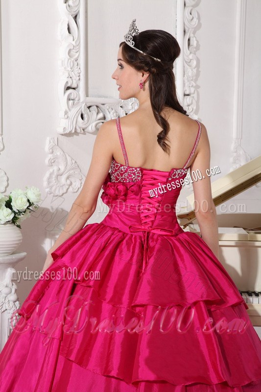 Hot Pink Floor-length Taffeta Beading Spaghetti Straps Quinceanera Dress