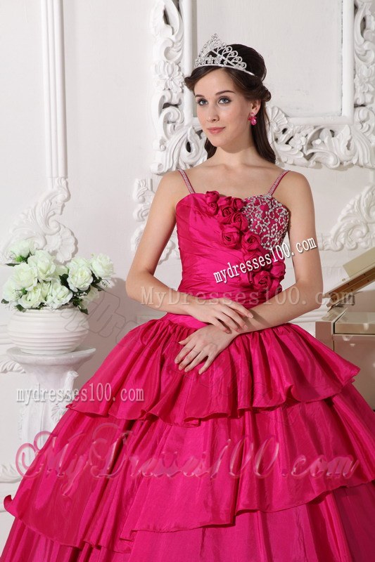 Hot Pink Floor-length Taffeta Beading Spaghetti Straps Quinceanera Dress