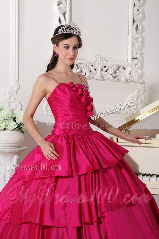 Hot Pink Floor-length Taffeta Beading Spaghetti Straps Quinceanera Dress