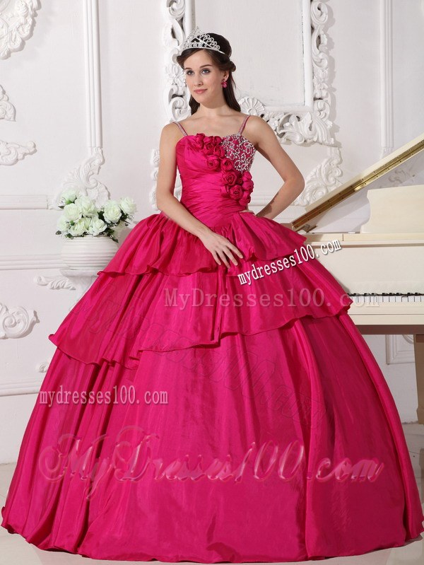 Hot Pink Floor-length Taffeta Beading Spaghetti Straps Quinceanera Dress