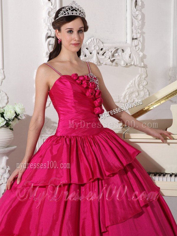 Hot Pink Floor-length Taffeta Beading Spaghetti Straps Quinceanera Dress