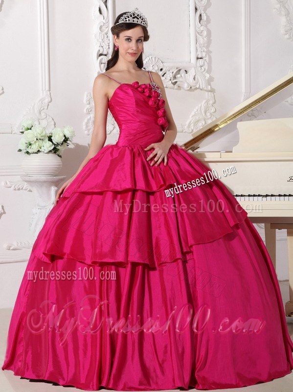 Hot Pink Floor-length Taffeta Beading Spaghetti Straps Quinceanera Dress