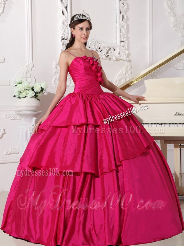 Hot Pink Floor-length Taffeta Beading Spaghetti Straps Quinceanera Dress