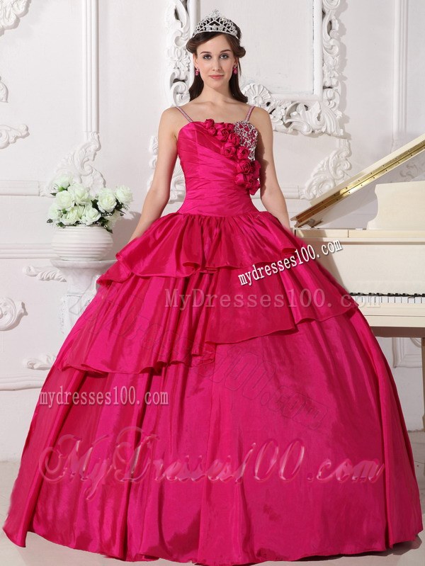 Hot Pink Floor-length Taffeta Beading Spaghetti Straps Quinceanera Dress