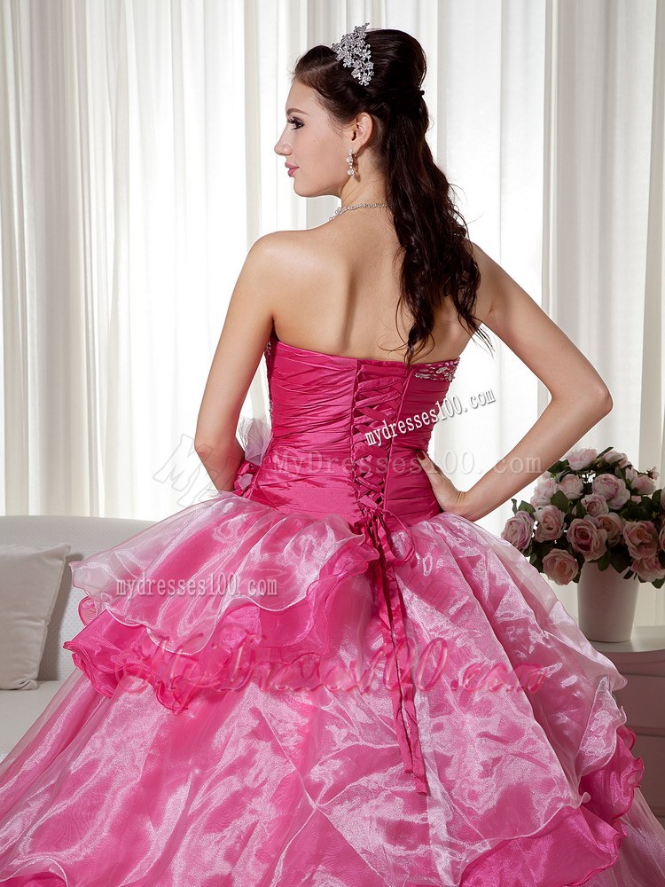Beading and Flower Decorate Hot Pink Dress 15 of Layered Organza