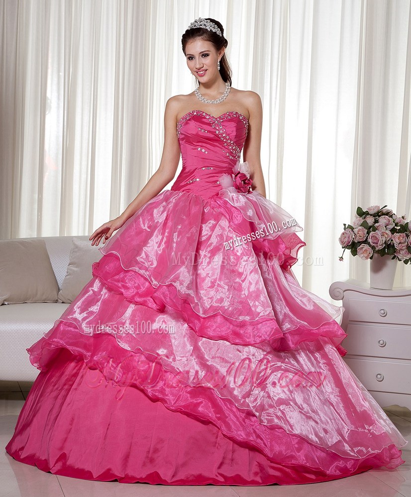 Beading and Flower Decorate Hot Pink Dress 15 of Layered Organza