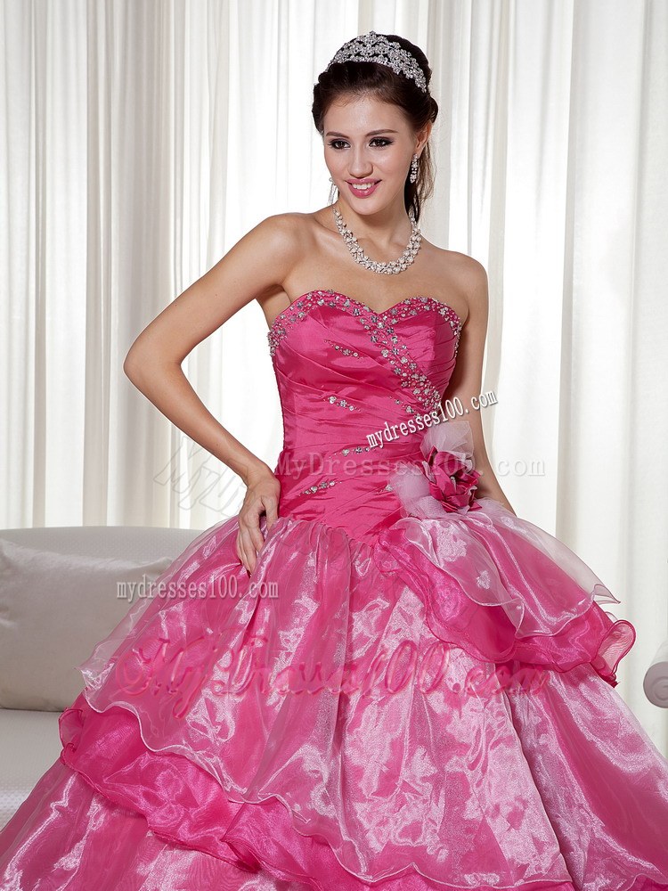 Beading and Flower Decorate Hot Pink Dress 15 of Layered Organza