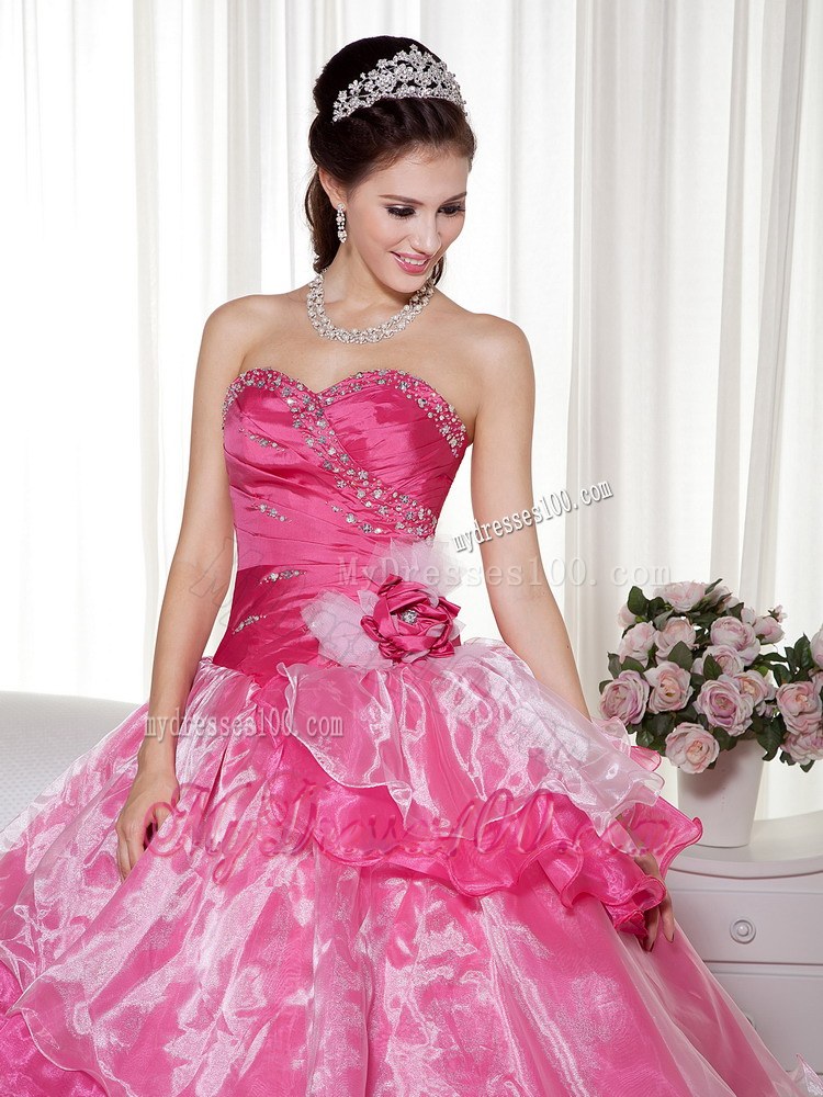 Beading and Flower Decorate Hot Pink Dress 15 of Layered Organza